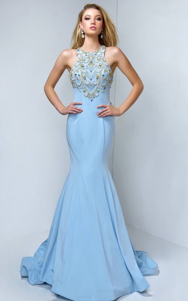 Sleeveless Jersey Trumpet Formal Dress with Beading and Ruffles