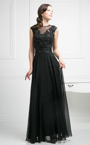 Applique Chiffon A-Line Bridesmaid Dress with Scoop-Neck and Illusion