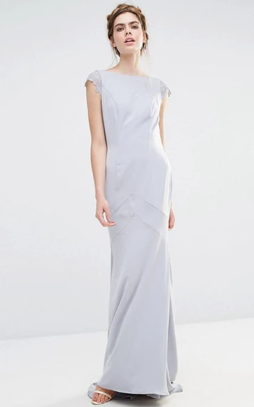 Chiffon Bridesmaid Dress with Brush Train Sheath Jewel Neck Short Sleeve