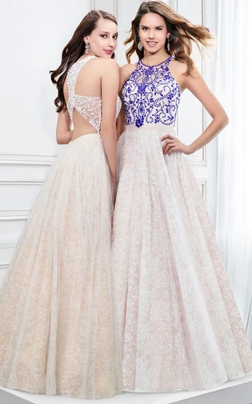 A-Line Beaded Lace Scoop Neck Prom Dress Sleeveless with Pleats