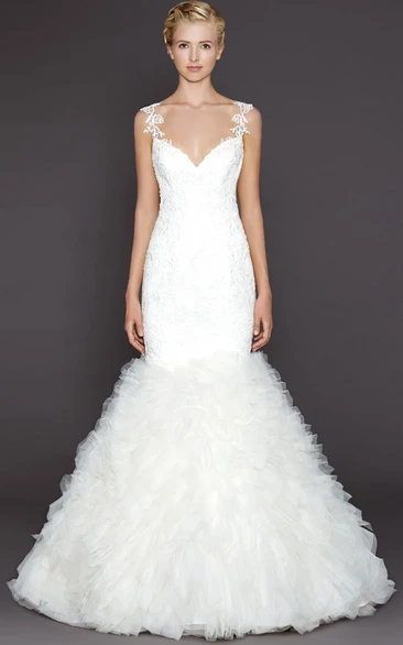 Mermaid Lace Wedding Dress with Deep-V Back and Ruffles Sleeveless Appliqued Floor-Length