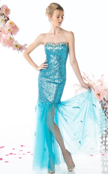 Strapless Sequins Tulle Backless Prom Dress with Beading Sheath Style