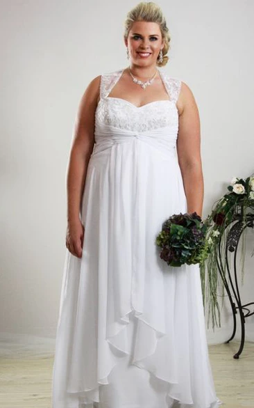Plus Size Draped Chiffon Wedding Dress Queen Anne Floor-Length Boho