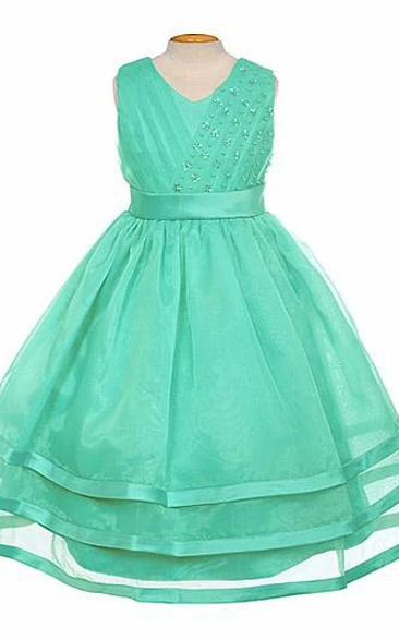 V-Neck Organza and Satin Flower Girl Dress with Tiered Pleated Skirt and Sash