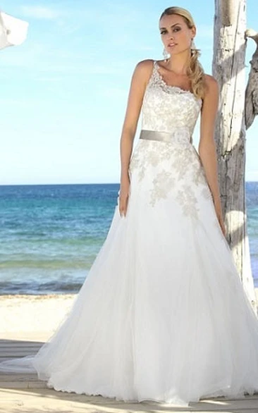 One-Shoulder A-Line Tulle&Lace Wedding Dress with Sleeveless