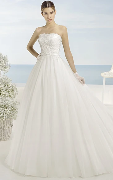 Maxi Strapless Tulle Wedding Dress with Chapel Train and Beaded Details A-Line Wedding Dress