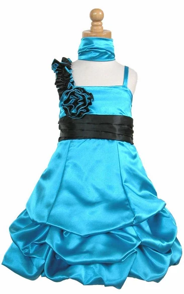 Floral Satin Midi Flower Girl Dress with Ruched Design Cape and Ribbon