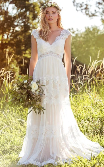 Long Simple V-Neck Empire White Wedding Dress