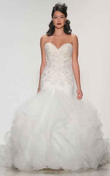 Organza Sweetheart Ruffled Wedding Dress with Beading Floor-Length Trumpet Dress