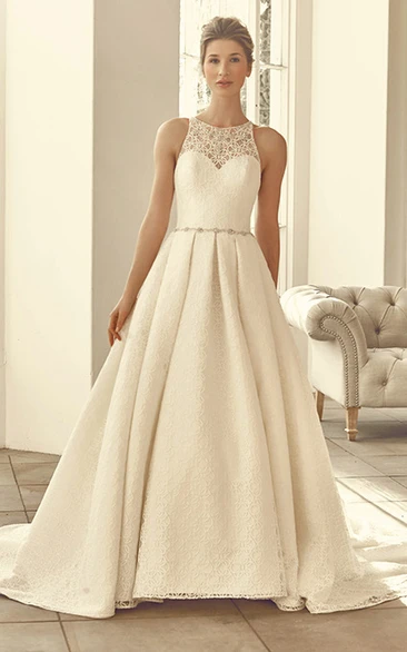 High Neck Lace Appliqued Wedding Dress with Court Train and Keyhole Flowy