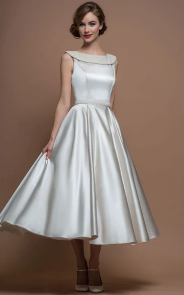 Beaded V-Back Tea-Length Satin Wedding Dress A-Line Scoop-Neck