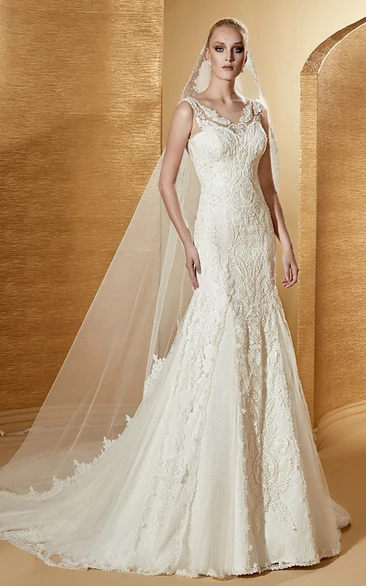 Lace Straps V-Neck Mermaid Wedding Dress with Court Train