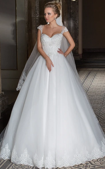 Appliqued Tulle Wedding Dress with Beading and Illusion Maxi Cap-Sleeve Sweetheart