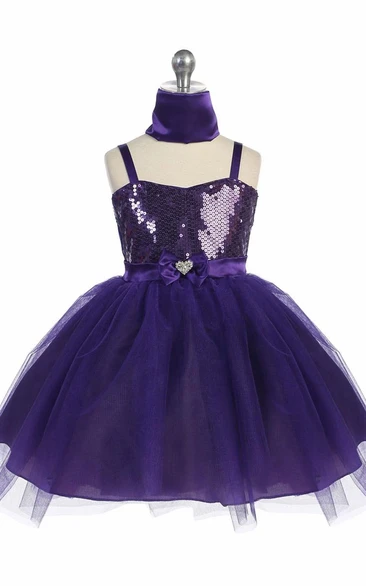 Tiered Tulle Flower Girl Dress with Beaded Cape and Ribbon Midi