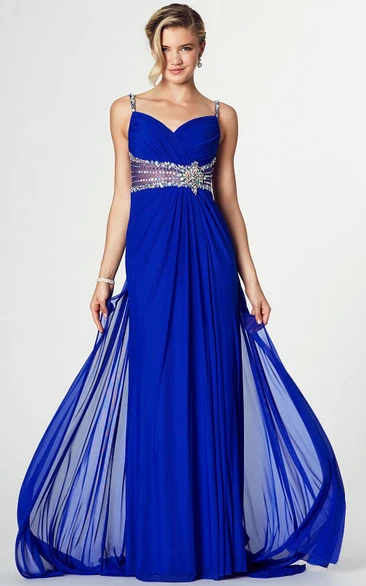 A-Line Floor-Length Chiffon Prom Dress with Jeweled Spaghetti Straps Flowy Prom Dress with Low-V Back