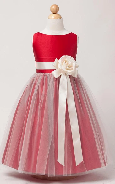 Tiered Satin and Tulle Flower Girl Dress Tea-Length