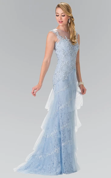 Tulle Lace Sheath Formal Dress with Beading and Low-V Back