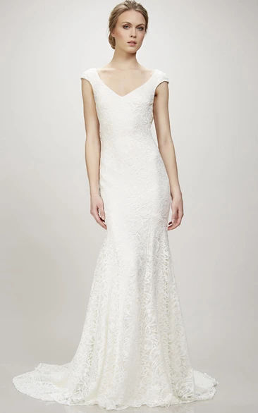 Cap-Sleeve Lace V-Neck Wedding Dress with Court Train and V Back