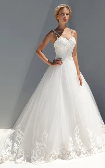 Tulle A-Line Wedding Dress with Sequins and Ruching Floor-Length Bridal Gown