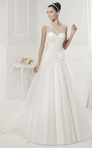 Flower Drop Waist Jewel Neckline Bridal Dress