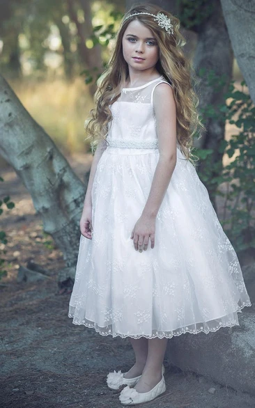 Floral Lace Tea-Length Flower Girl Dress with Illusion Beaded & Organza