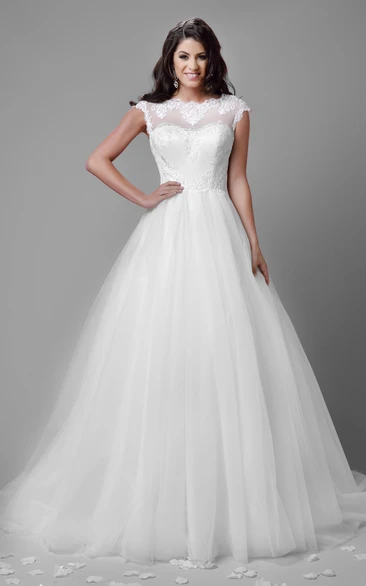 Illusion Back Tulle Cap Sleeve A-Line Wedding Dress