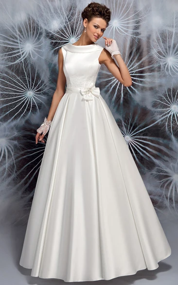 Satin Wedding Dress with Beading and Bowed Sleeveless A-Line Floor-Length