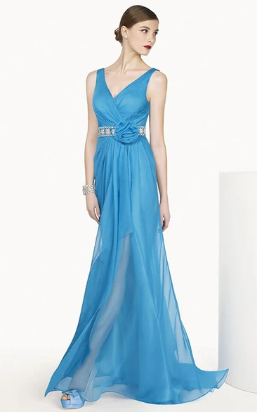 V-Neck Sleeveless Chiffon A-Line Dress with Crystal Flower Waist Flowy Women's Dress