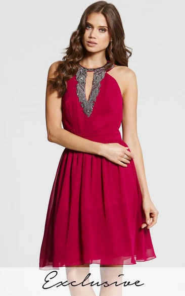 Beaded Chiffon Bridesmaid Dress A-Line Mini Dress with Sleeveless Scoop Neck