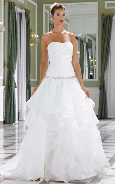 Organza Cascading-Ruffle A-Line Wedding Dress with Waist Jewelry and Strapless Neckline