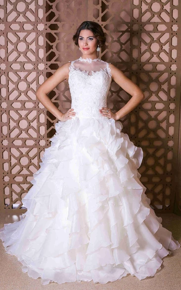 Sleeveless A-Line Organza Wedding Dress with Appliques and Ruffles Unique Bridal Gown