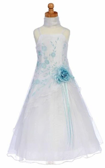 Ankle-Length Organza Flower Girl Dress with Floral Cape and Spaghetti Straps