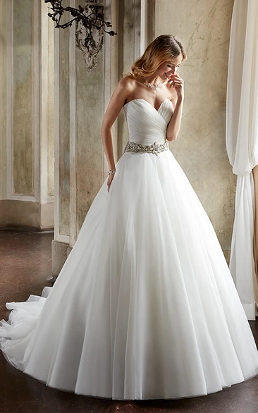 Sweetheart Tulle Ball Gown Wedding Dress with Jeweled Criss Cross