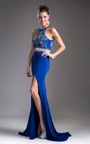 Two-Piece Jewel-Neck Jersey Prom Dress with Appliques and Zipper