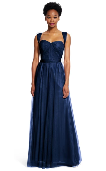 Strapped Sleeveless Tulle A-Line Bridesmaid Dress Long and Ruched with Sash