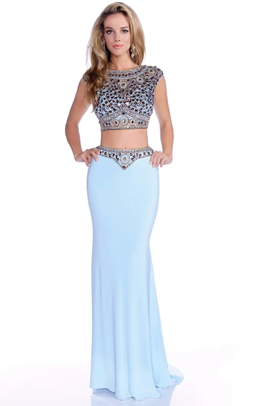 Jersey Sheath Cap Sleeve Prom Dress with Jeweled Bodice Classy Prom Dress