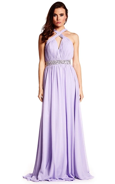 Ruched Halter Chiffon Prom Dress with Beading Straps and Sleeveless Design