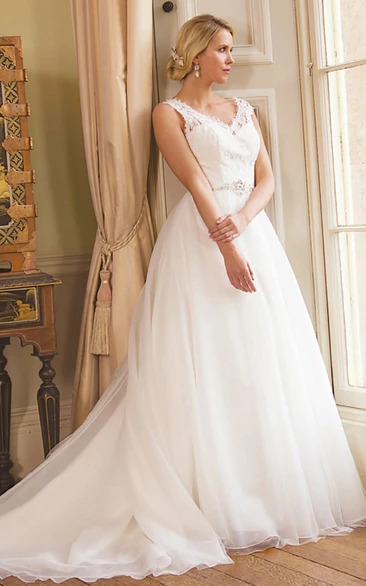 Jeweled Tulle V-Neck Wedding Dress with Court Train and Illusion Glamorous Bridal Gown