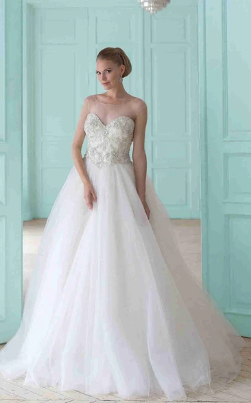 Illusion Tulle Wedding Dress with Beading Ball Gown Sleeveless Scoop-Neck