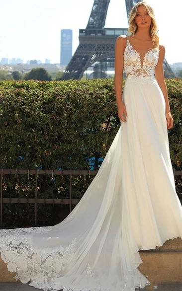 Elegant A Line Wedding Dress with Appliques Plunging Neck and Chiffon/Tulle Fabric Bridal Gown