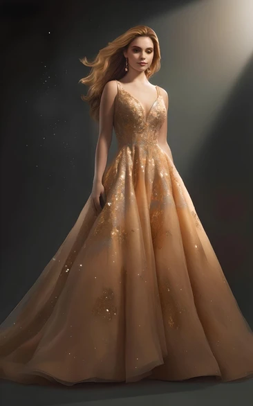 Sleeveless Tulle Sequins Evening Dress Princess Gold Prom Sexy V-neck Court Train A-Line
