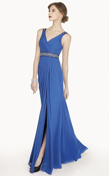 Chiffon Prom Dress with Split and Bootlace Back Crystal Waist Beach Country