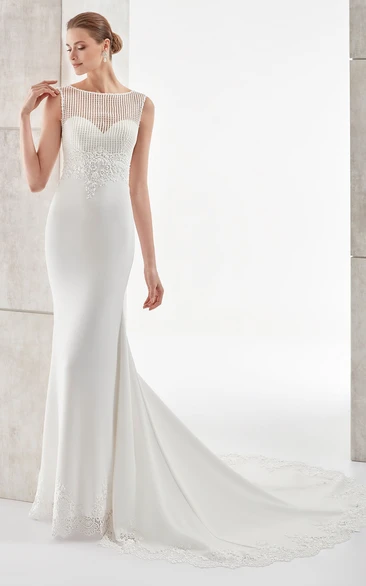 Sheath Satin Wedding Dress with Illusive Neckline and Brush Train Modern Bridal Gown