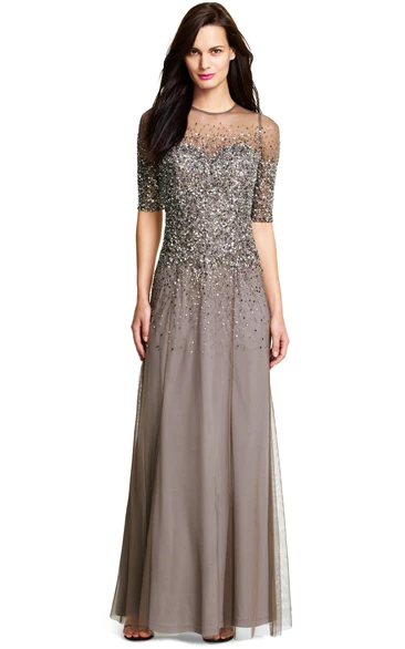 Sequined Half-Sleeve A-Line Bridesmaid Dress with Scoop Neck