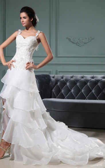 High Low Organza Wedding Dress with Ruffles Sleeveless Sweetheart Gown