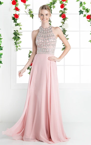 A-Line Chiffon Keyhole Dress with Beading Flowy Bridesmaid Dress