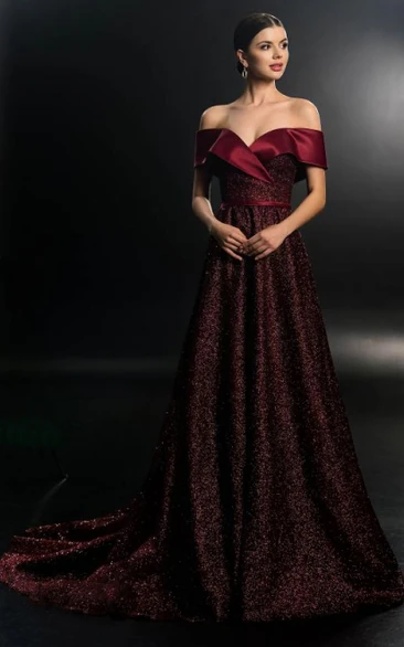 Off-shoulder Satin Sequins A-Line Evening Dress Modern & Elegant