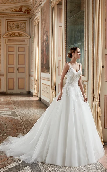 Floor-Length Ruffled V-Neck A-Line Tulle Wedding Dress