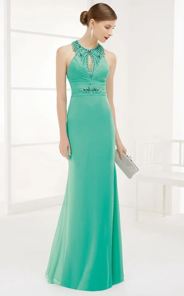 Crystal High Neck Chiffon Prom Dress with Spaghetti Straps Front Keyhole Modern Women