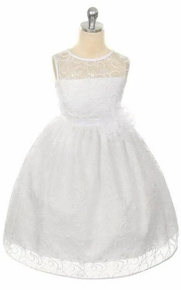 Illusion Tea-Length Satin Flower Girl Dress with Tiered Lace